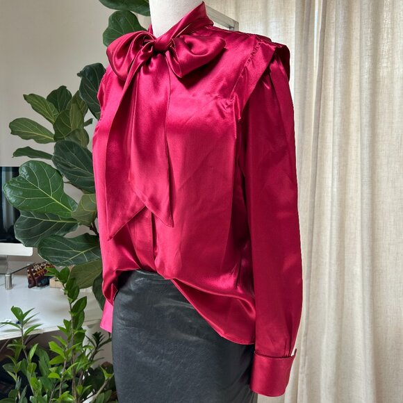 Vintage 80s Calvin Klein 100% Silk Bow Blouse Hong Kong Era – Fuchsia Women's 10 - Picture 1 of 13